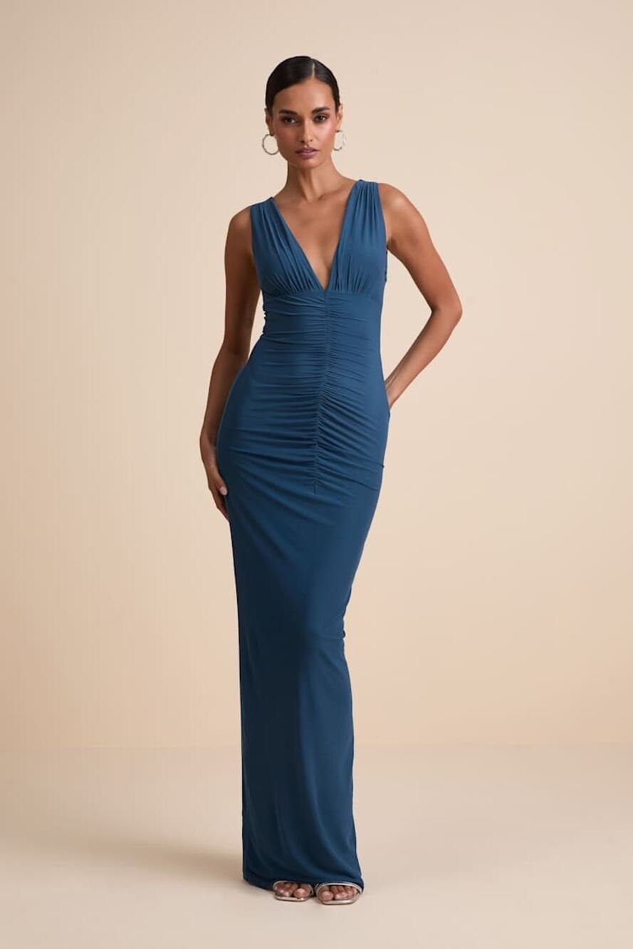 NWT Lulus Aveline Dark Slate Jersey Knit Ruched Bodycon Maxi Dress Bridesmaid S